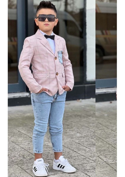 Erkek Çocuk Çizgili Blazer Ceket Kot Pantolon Pudra Şeker Alt Üst Takım