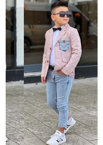 Erkek Çocuk Çizgili Blazer Ceket Kot Pantolon Pudra Şeker Alt Üst Takım fiyatları