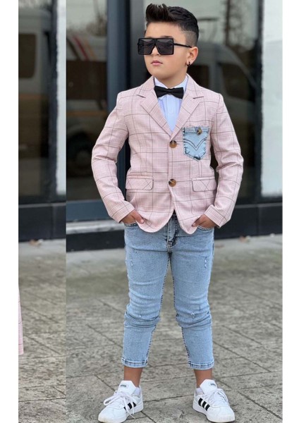 Erkek Çocuk Çizgili Blazer Ceket Kot Pantolon Pudra Şeker Alt Üst Takım modelleri