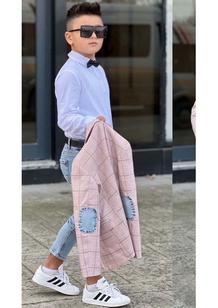 Erkek Çocuk Çizgili Blazer Ceket Kot Pantolon Pudra Şeker Alt Üst Takım fırsatları