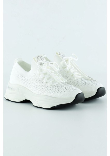 Beyaz Örgü Dokuma Taş Detaylı Bağcıklı Slip-On Sneaker