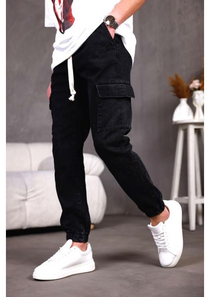 Dasser Paçası ve Beli Lastikli Slim Fit Likralı Kot Kargo Pantolon