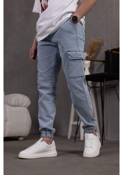 Dasser Paçası ve Beli Lastikli Slim Fit Likralı Kot Kargo Pantolon