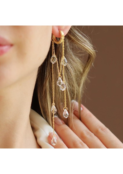 Damla Sallantılı Kristal Gold Gümüş Küpe