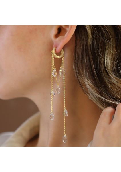Damla Sallantılı Kristal Gold Gümüş Küpe modelleri