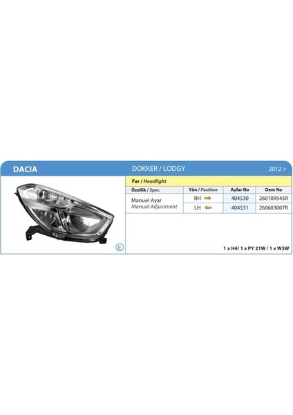 -404531 - Far Sol + Sınyal Dokker Lodgy 12> Mekanik H4
