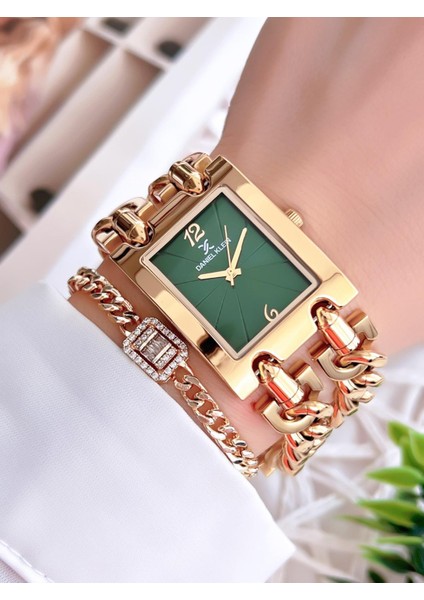 Çelik Zincir Tasarım Kordonlu 30 mt Suya Dayanıklı Kadın Kol Saati+Bileklik B.10036.S5