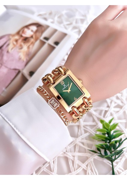 Çelik Zincir Tasarım Kordonlu 30 mt Suya Dayanıklı Kadın Kol Saati+Bileklik B.10036.S5 fiyatları