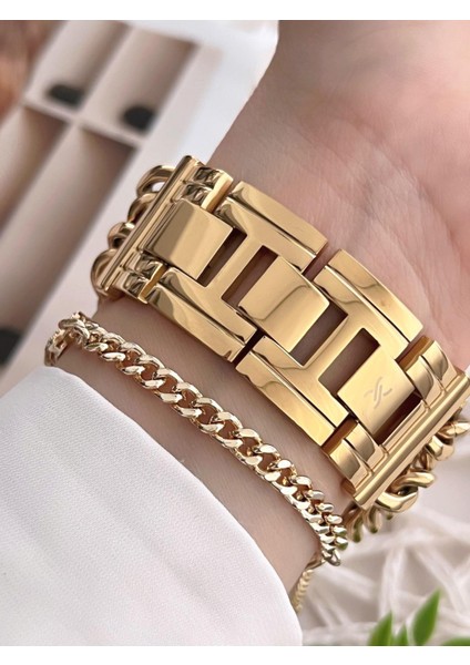 Çelik Zincir Tasarım Kordonlu 30 mt Suya Dayanıklı Kadın Kol Saati+Bileklik B.10036.S5 modelleri