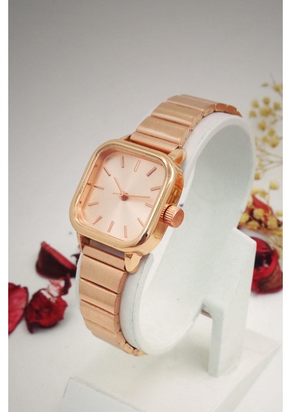 Kare Vintage Minimal Kadın Kol Saati Full Rose
