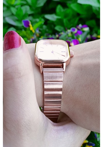 Kare Vintage Minimal Kadın Kol Saati Full Rose