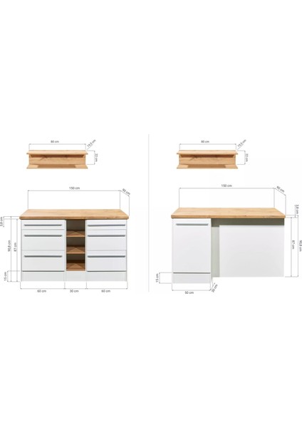 Mutfak Adası 150 x 90 cm Alt Modül Beyaz Mdf Tezgah Ahşap/mdf Seçenekli indirimleri