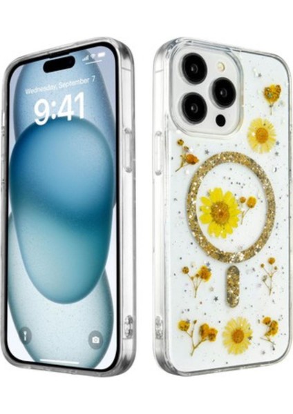 Apple Iphone 14 Pro Max Uyumlu Magsafe Destekli Magsafe Destekli Simli Çiçek Tasarımlı Telefon Kılıfı