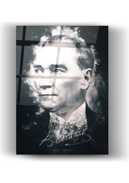 Mustafa Kemal Atatürk Siyah Beyaz Illüstrasyon Tasarım Cam Tablo- Ev ve Ofis Dekorasyonu- Modern-Atatürk