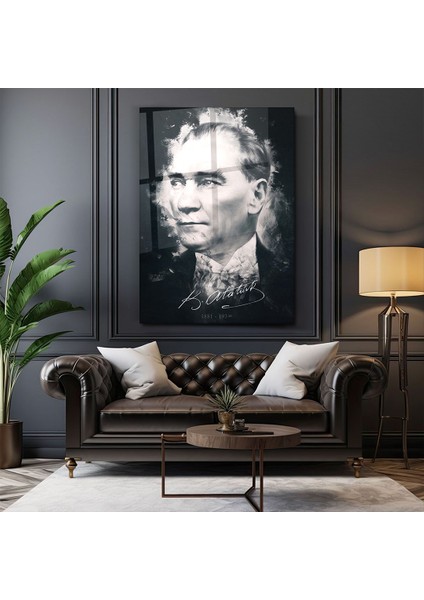 Mustafa Kemal Atatürk Siyah Beyaz Illüstrasyon Tasarım Cam Tablo- Ev ve Ofis Dekorasyonu- Modern-Atatürk fiyatları