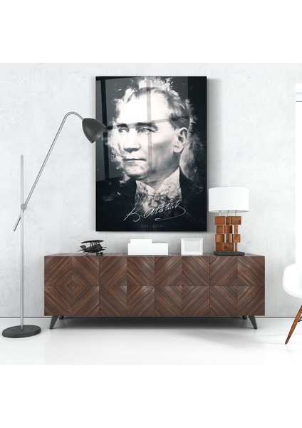 Mustafa Kemal Atatürk Siyah Beyaz Illüstrasyon Tasarım Cam Tablo- Ev ve Ofis Dekorasyonu- Modern-Atatürk modelleri