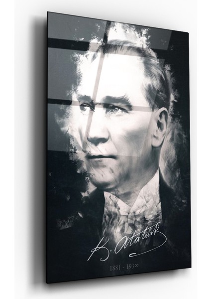 Mustafa Kemal Atatürk Siyah Beyaz Illüstrasyon Tasarım Cam Tablo- Ev ve Ofis Dekorasyonu- Modern-Atatürk fırsatları