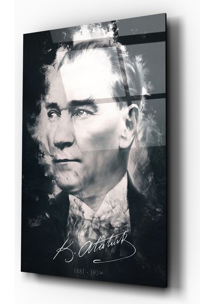 Mustafa Kemal Atatürk Siyah Beyaz Illüstrasyon Tasarım Cam Tablo- Ev ve Ofis Dekorasyonu- Modern-Atatürk indirimleri