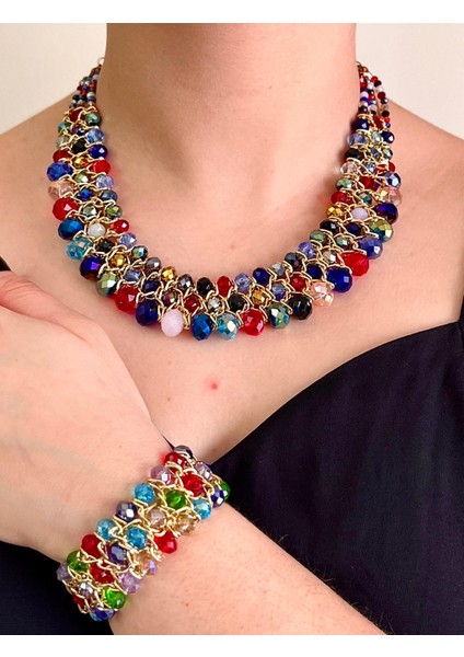 Kristal Taşlı Türk El Yapımı Gerdanlık Model Kolye ve Bilezik Set