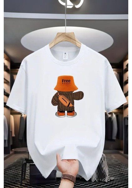 Free Happy Baskılı Bisiklet Yaka Unisex Tshirt