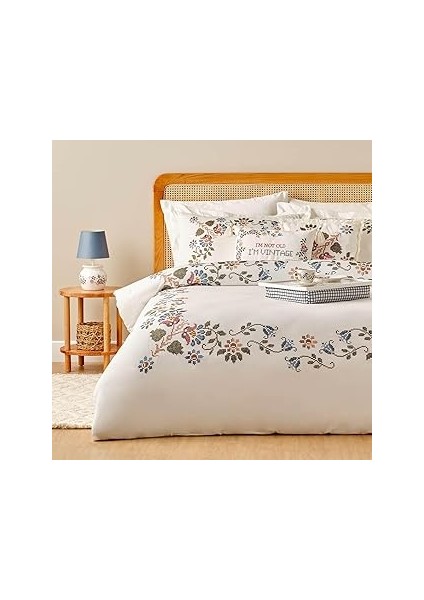 B Maison Vintage Çiçek DESENLI%100 Pamuk Saten Nevresim S, Beyaz, King Size (Nevresim: 240X2