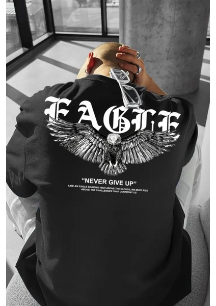 Eagle Baskılı Bisiklet Yaka Oversize Erkek Tshirt