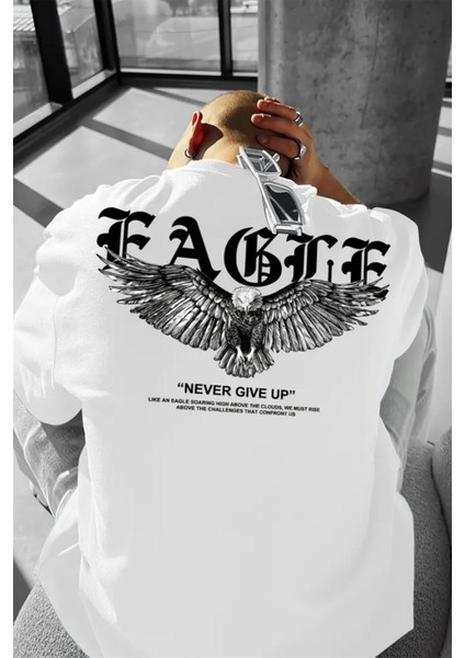 Eagle Baskılı Bisiklet Yaka Oversize Erkek Tshirt