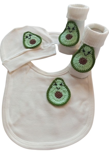 Hoşgeldin Bebek, Ünisex, Yenidoğan Bebek, Avokado Motifli Önlük Çorap Şapka Hediye Seti modelleri