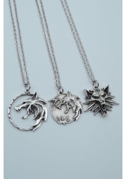 3'lü Witcher Çember Madalyon 3 Boyutlu Gümüş Kaplama Kolye Seti