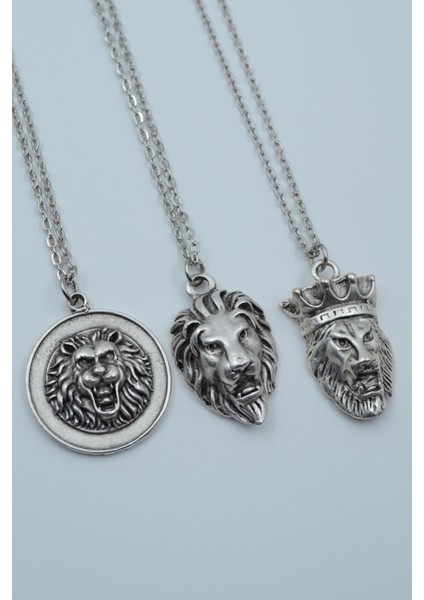 3'lü Aslan Kral Aslan Madalyon Taç Gümüş Kaplama Kolye Seti