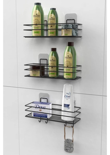 Yapışkanlı 4 Kancalı Paslanmaz Banyo Rafı Mat Siyah Banyo Şampuanlık Duşakabin Duş Askısı 3 Lü Set