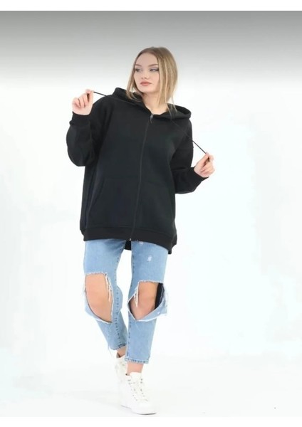 Siyah Fermuarlı Kapüşonlu Sweatshirt