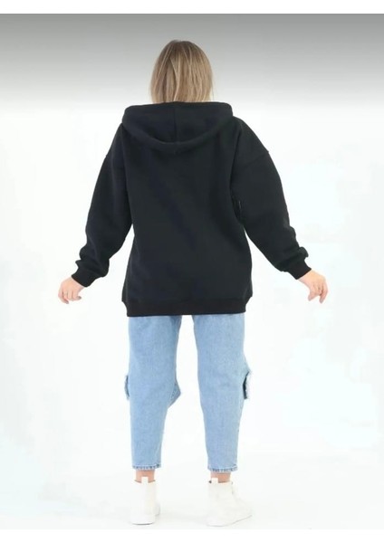 Siyah Fermuarlı Kapüşonlu Sweatshirt