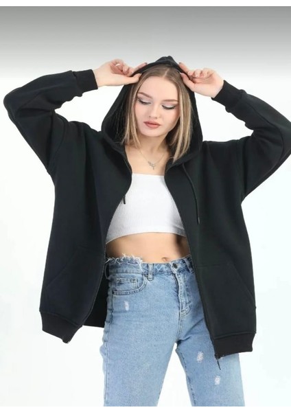 Siyah Fermuarlı Kapüşonlu Sweatshirt