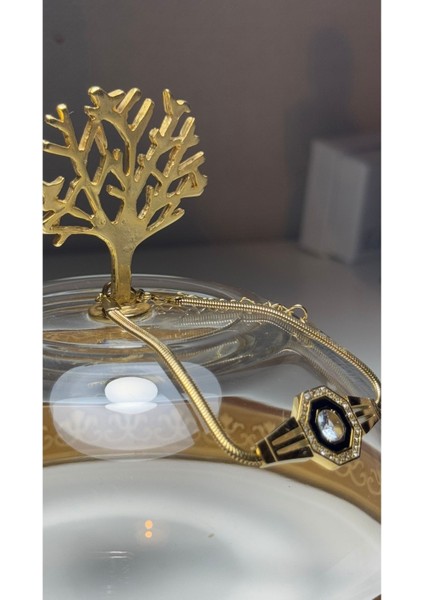 Çelik Gold Kaplama Modern Taşlı Köşeli Orta Detaylı Bileklik