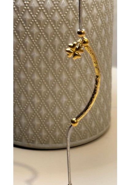 Çelik Gold&silver Çift Renkli Minimal Ince Bileklik Yonca Detaylı