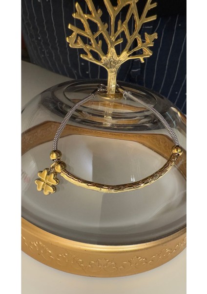 Çelik Gold&silver Çift Renkli Minimal Ince Bileklik Yonca Detaylı