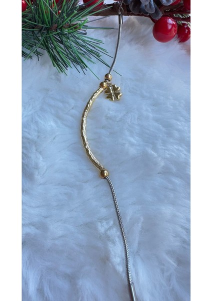 Çelik Gold&silver Çift Renkli Minimal Ince Bileklik Yonca Detaylı