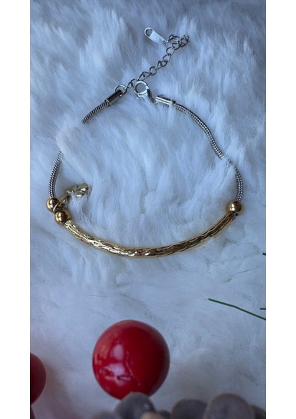 Çelik Gold&silver Çift Renkli Minimal Ince Bileklik Yonca Detaylı