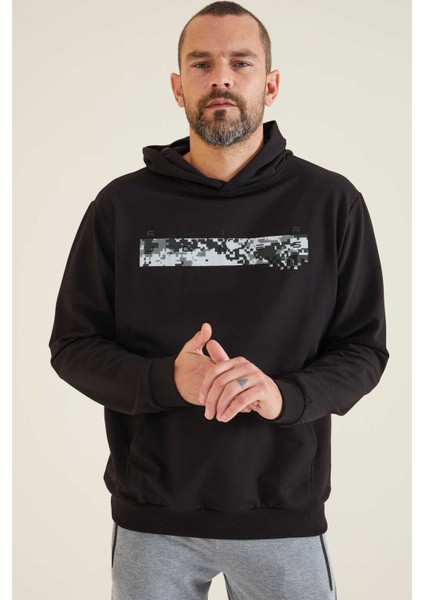 Erkek Siyah Dustin Kapüşonlu Standart Kalıp Baskılı Sweatshirt 88136-01