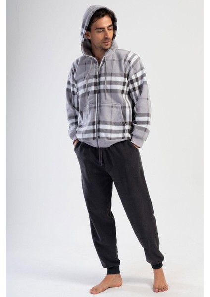 Man gri Erkek Polar Kapuşonlu Uzun Kollu Pijama Takımı