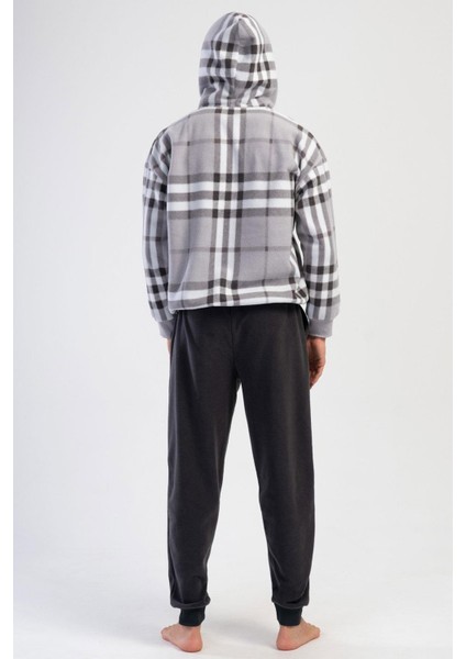 Man gri Erkek Polar Kapuşonlu Uzun Kollu Pijama Takımı