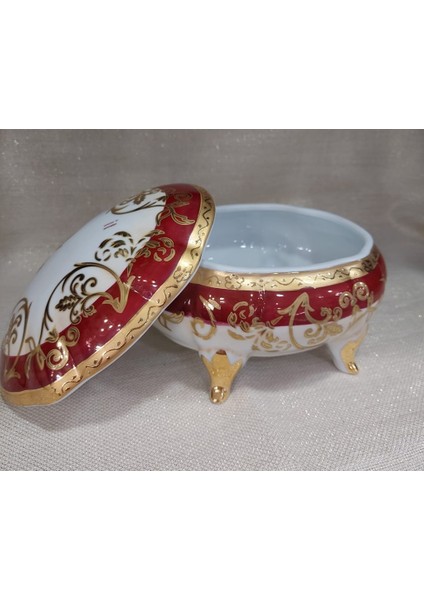 Beyaz Kırmızı Gold Çiçekli Italyan Malı Limoges Porselen Şekerlik 20X16CM , 13 cm Yükseklik