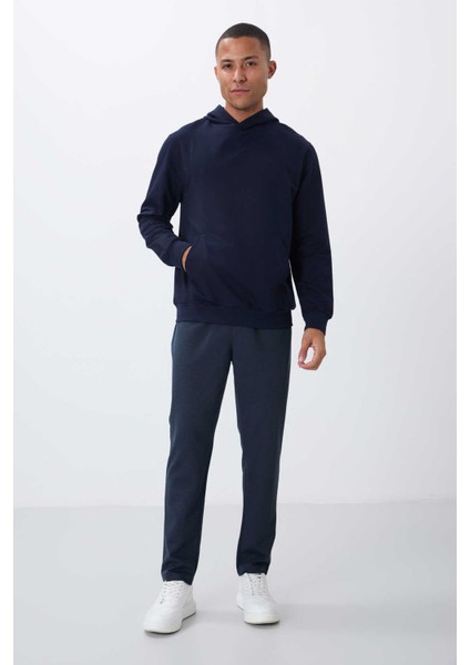 Erkek Indigo Kapüşonlu Standart Kalıp Basic Sweatshirt 88362-07