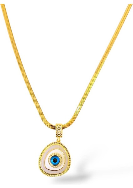 Beyaz Mineli Nazar Çelik Kolye