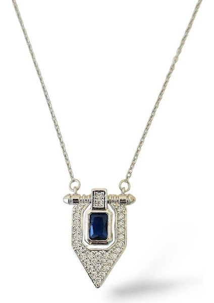 Beşgen Mavi Taşlı Baget Çelik Kolye