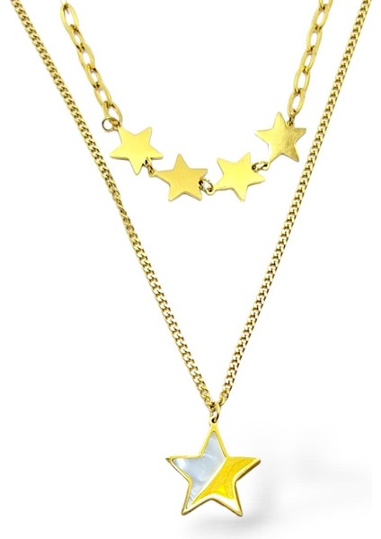 Çift Zincirli Sedefli Yıldız Çelik Kolye