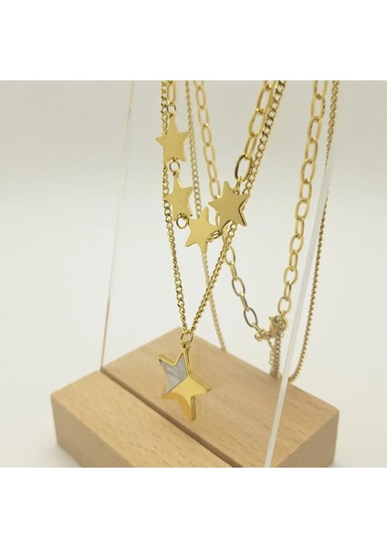 Çift Zincirli Sedefli Yıldız Çelik Kolye fiyatları