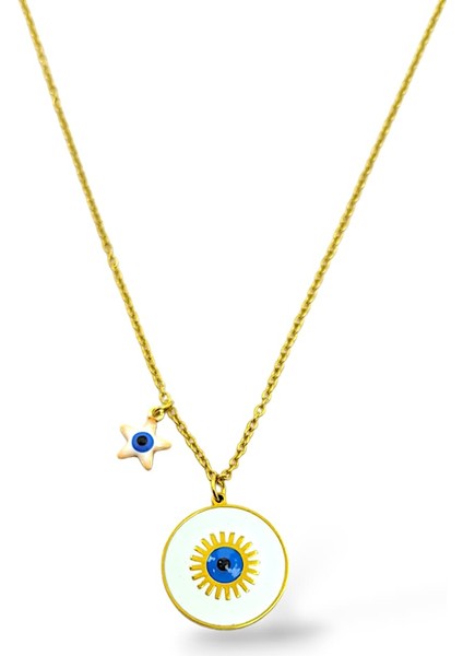 Yıldız Detay Mavi Gözlü Çelik Kolye
