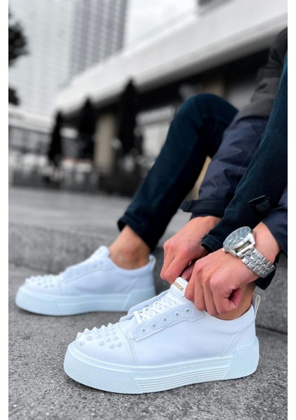 SHO169 Bağcıklı Gotik Çivili Metal Cbt Thorn Erkek Ayakkabı Beyaz fırsatları